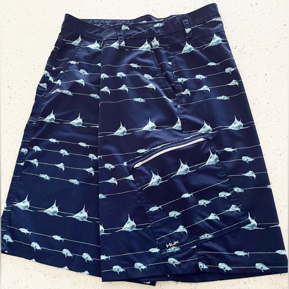 HUK Performance Fishing Shorts Men’s 40 Swordfish Print Navy Blue 11” Inseam EUC - Picture 2 of 6